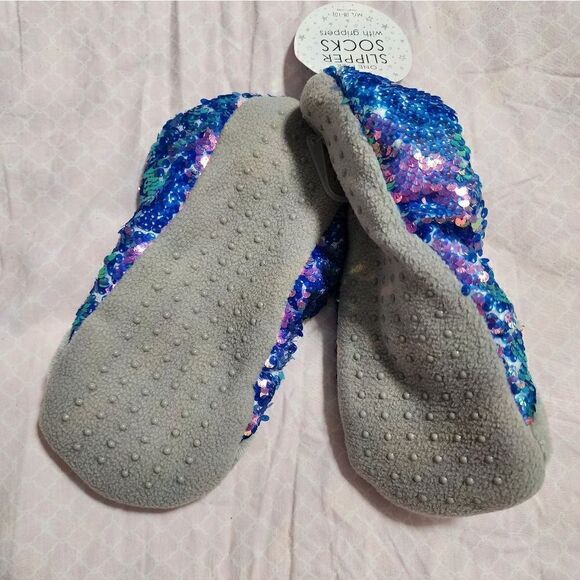 Nwt Women's Penguin Flip Sequin Pull-On Slipper Socks - Blue/Gray M/L 8-10 - Picture 2 of 4